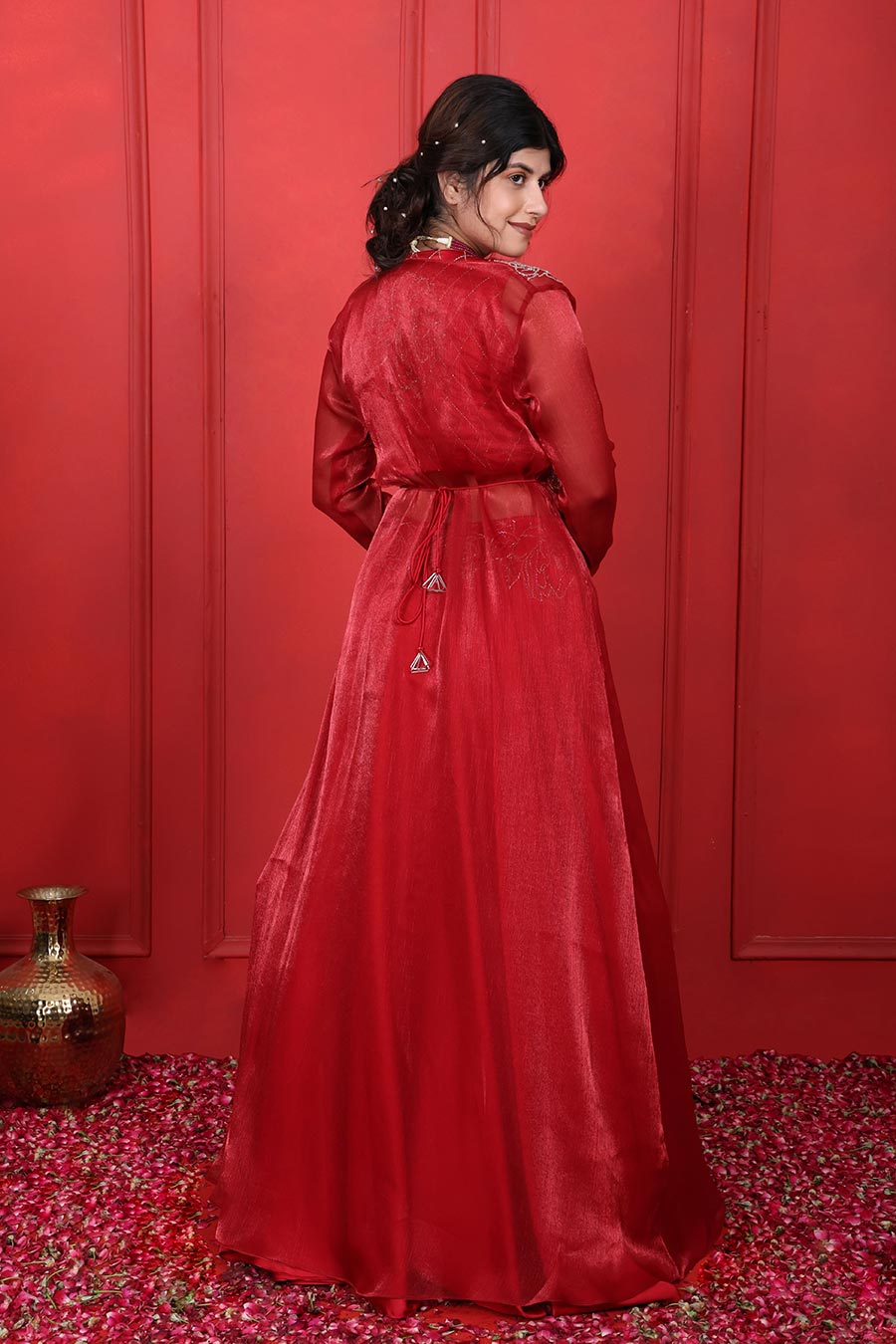 Red Embroidered 4Pc Lehenga Jacket Set With Belt