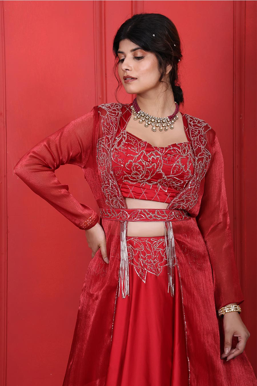 Red Embroidered 4Pc Lehenga Jacket Set With Belt