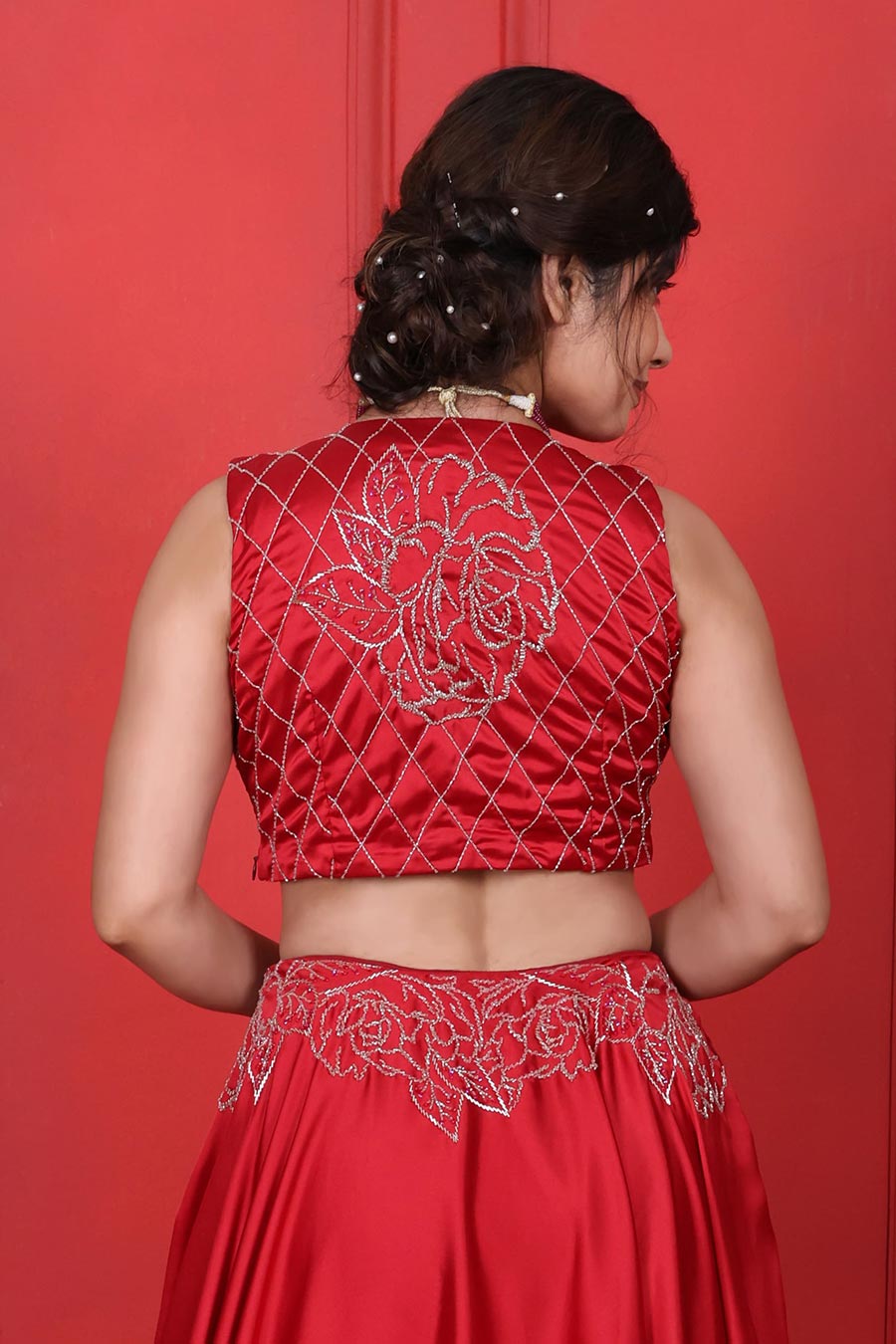 Red Embroidered 4Pc Lehenga Jacket Set With Belt