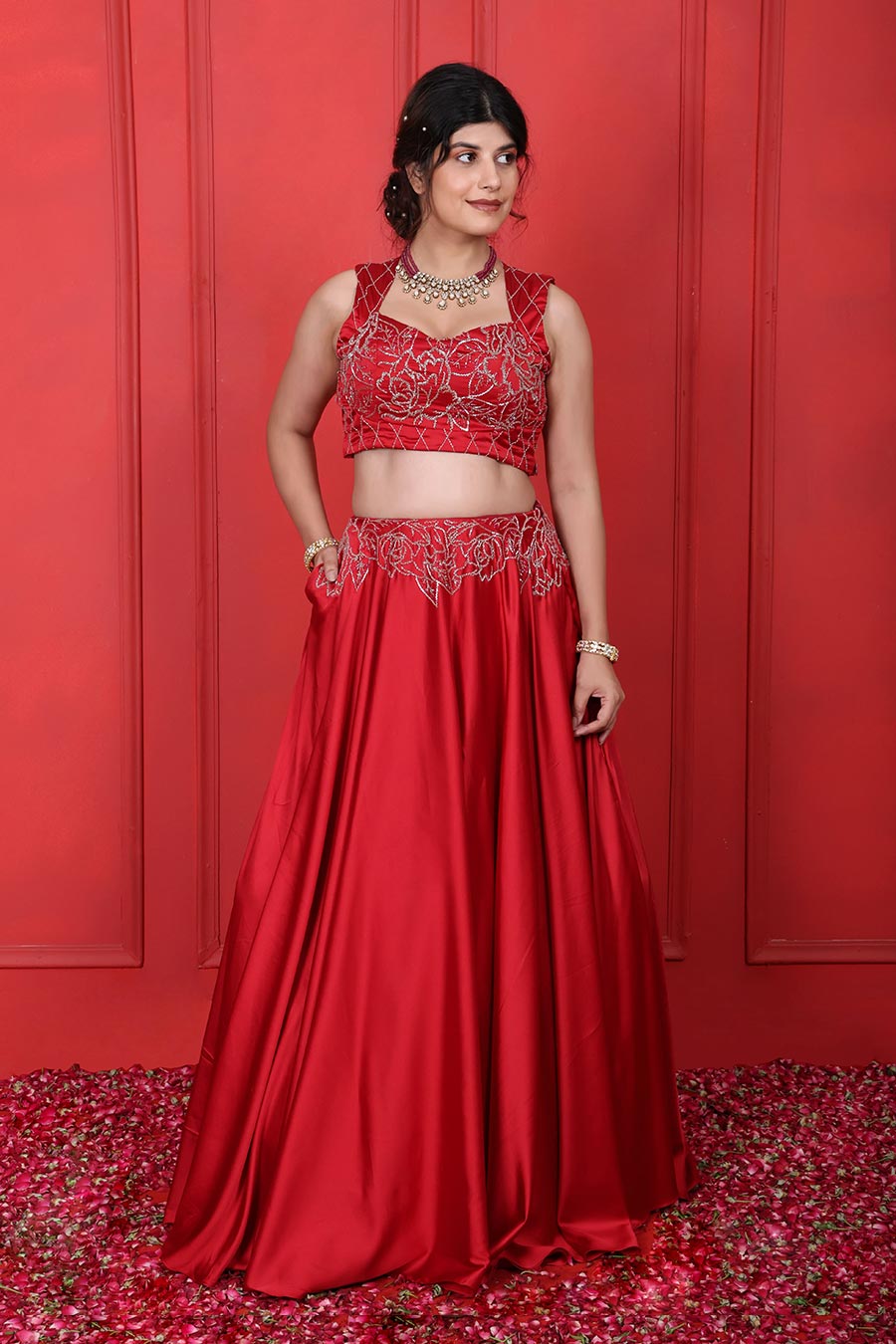 Red Satin Embroidered 2Pc Lehenga Set