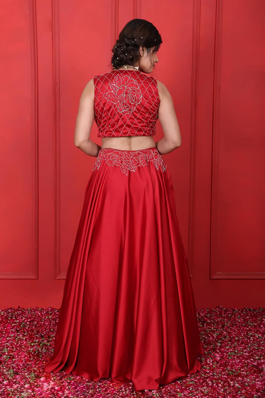 Red Satin Embroidered 2Pc Lehenga Set