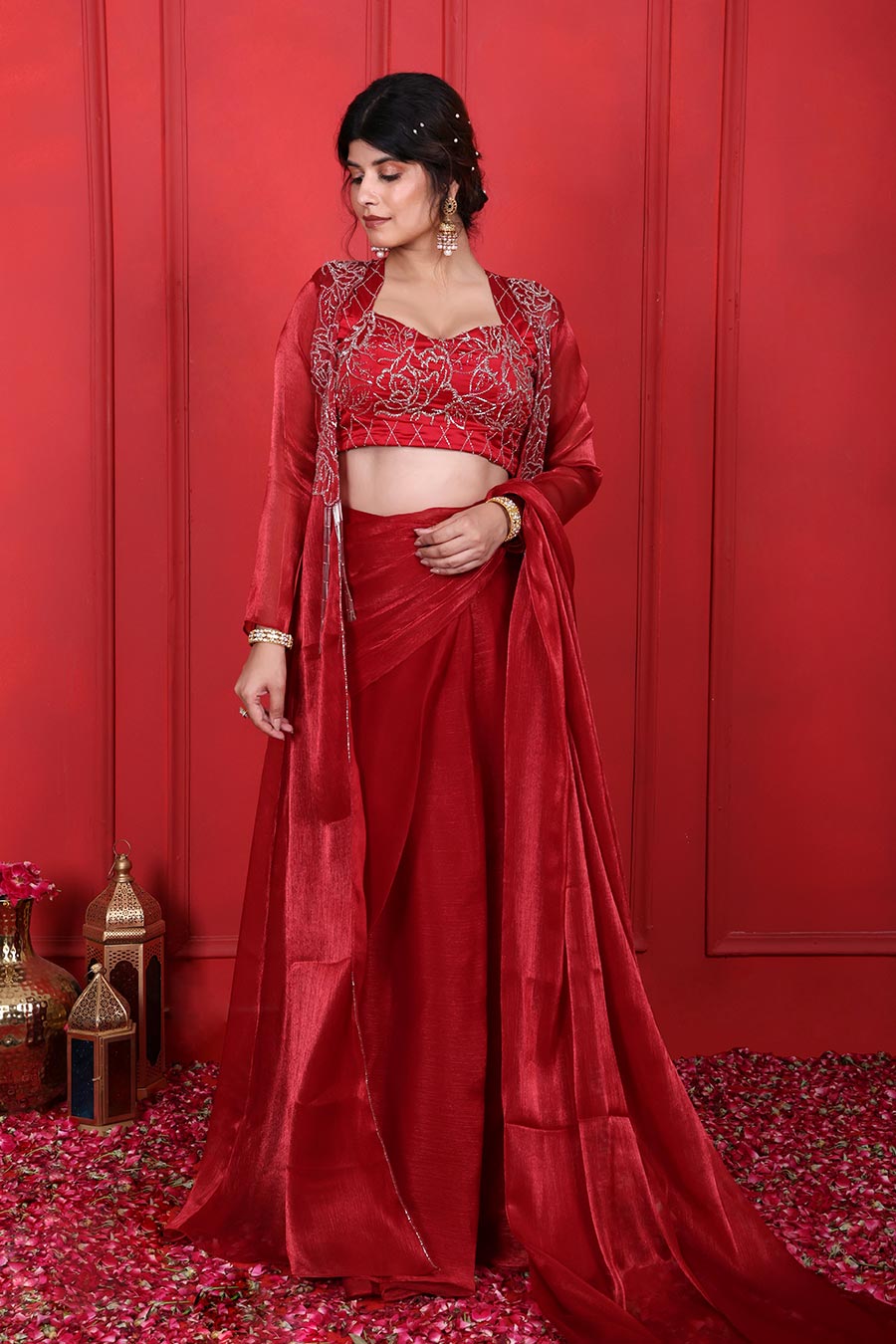 Red Embroidered Pre-Drape Saree Set With Jacket