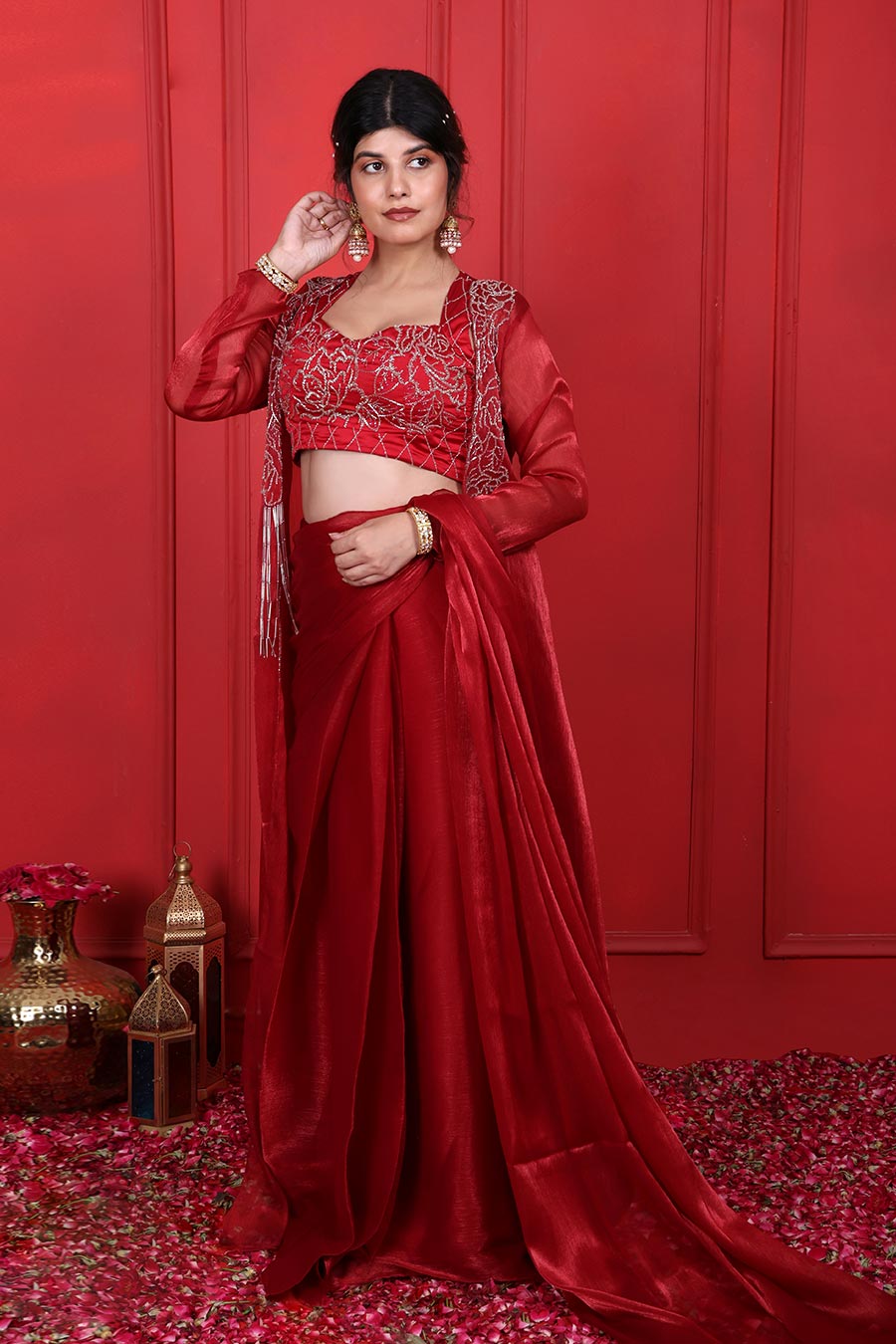 Red Embroidered Pre-Drape Saree Set With Jacket