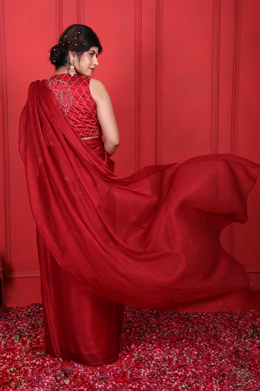 Red Embroidered Pre-Drape Saree Set With Jacket