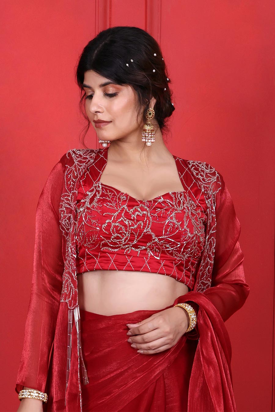 Red Embroidered Pre-Drape Saree Set With Jacket
