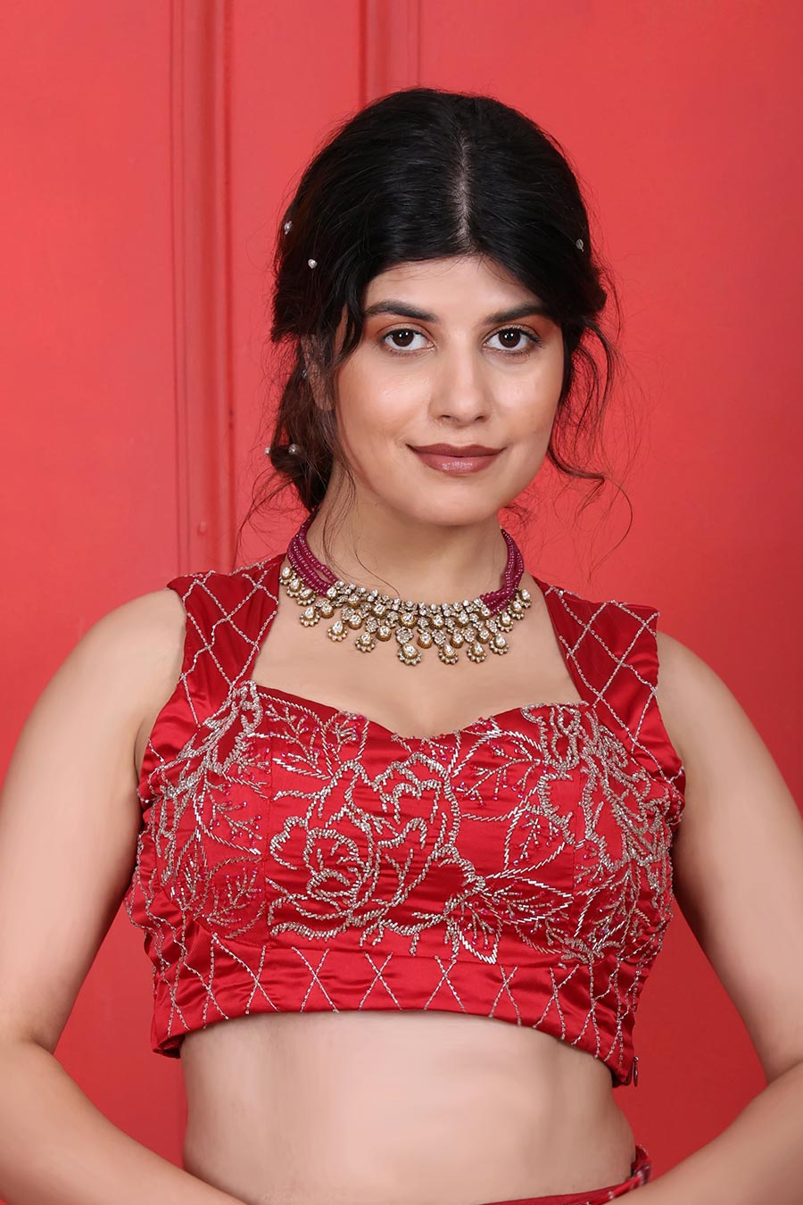 Red Embroidered Pre-Drape Saree Set With Jacket