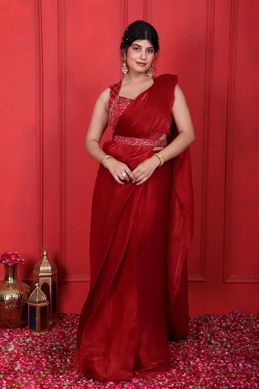 Red Embroidered Pre-Drape Saree Set With Belt
