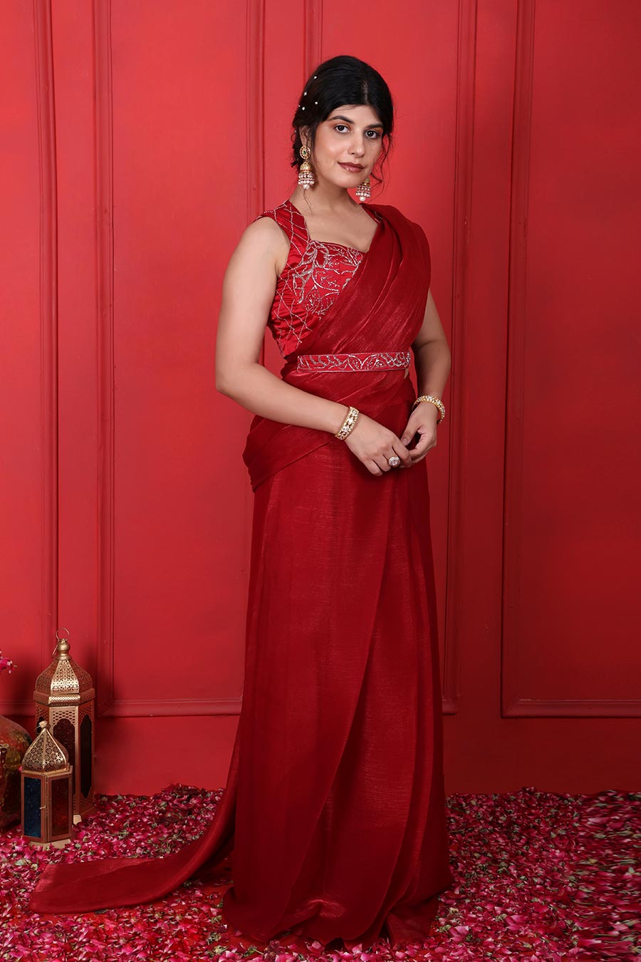 Red Embroidered Pre-Drape Saree Set With Belt