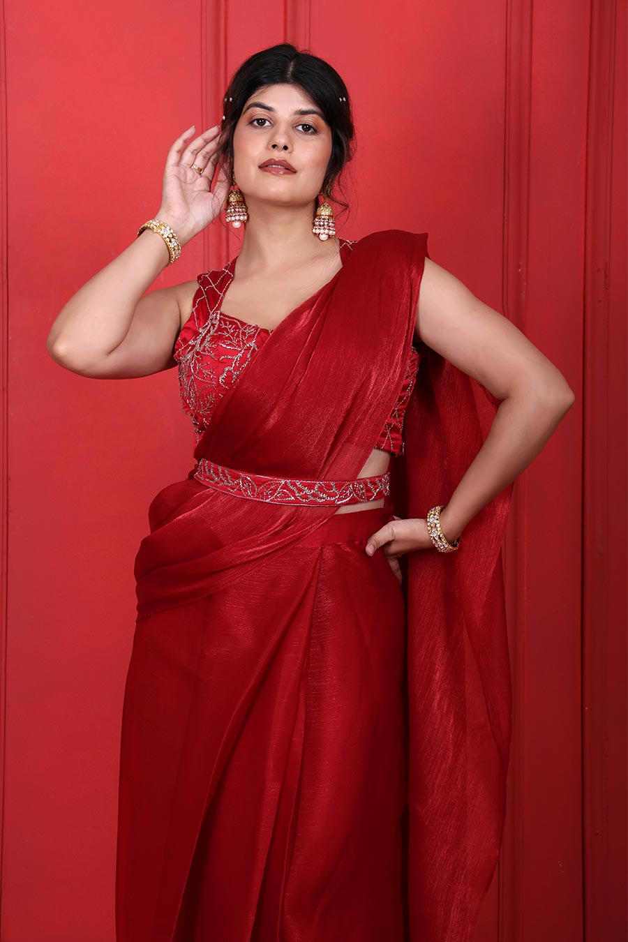 Red Embroidered Pre-Drape Saree Set With Belt