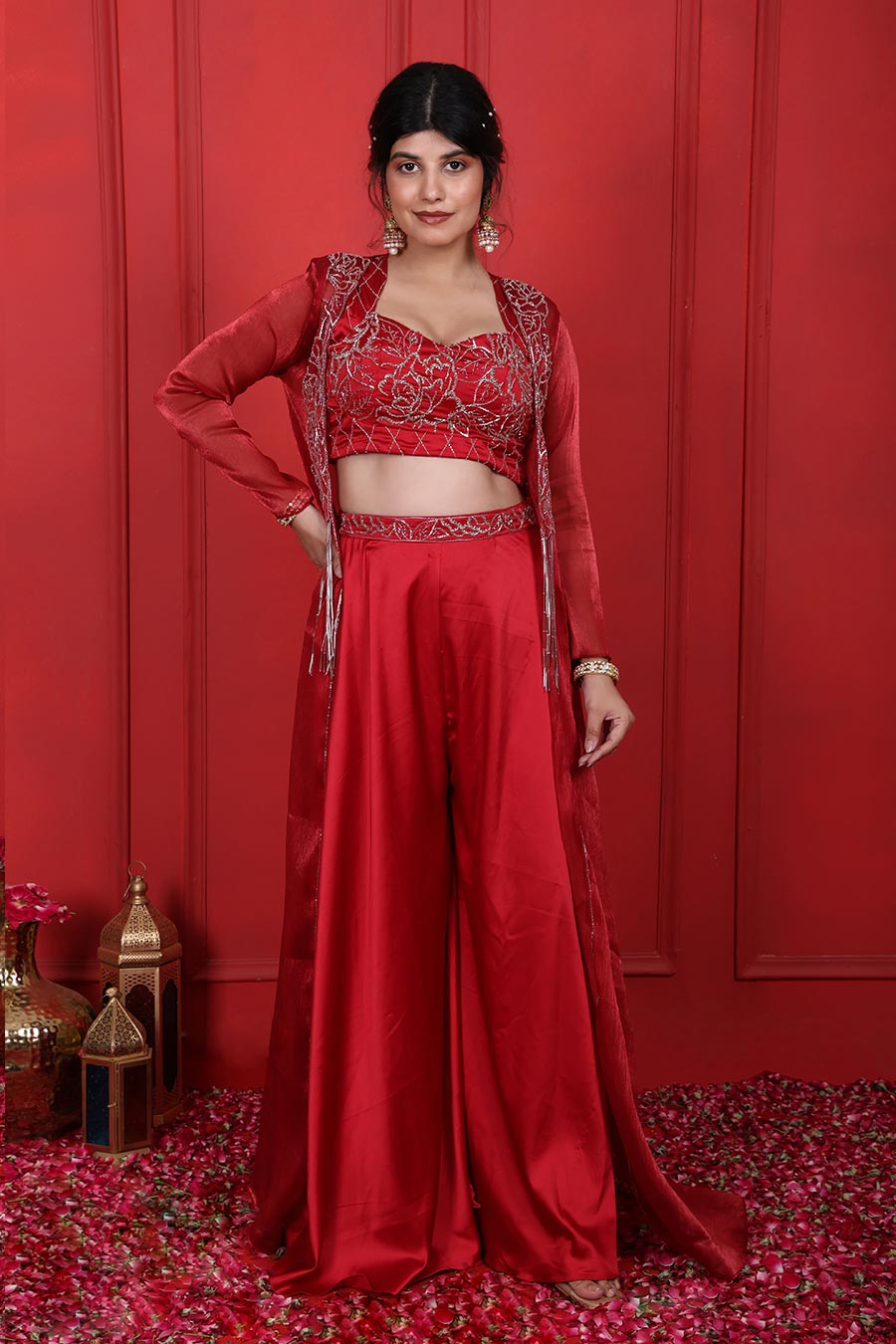 Red Embroidered Co-Ord Set With Jacket