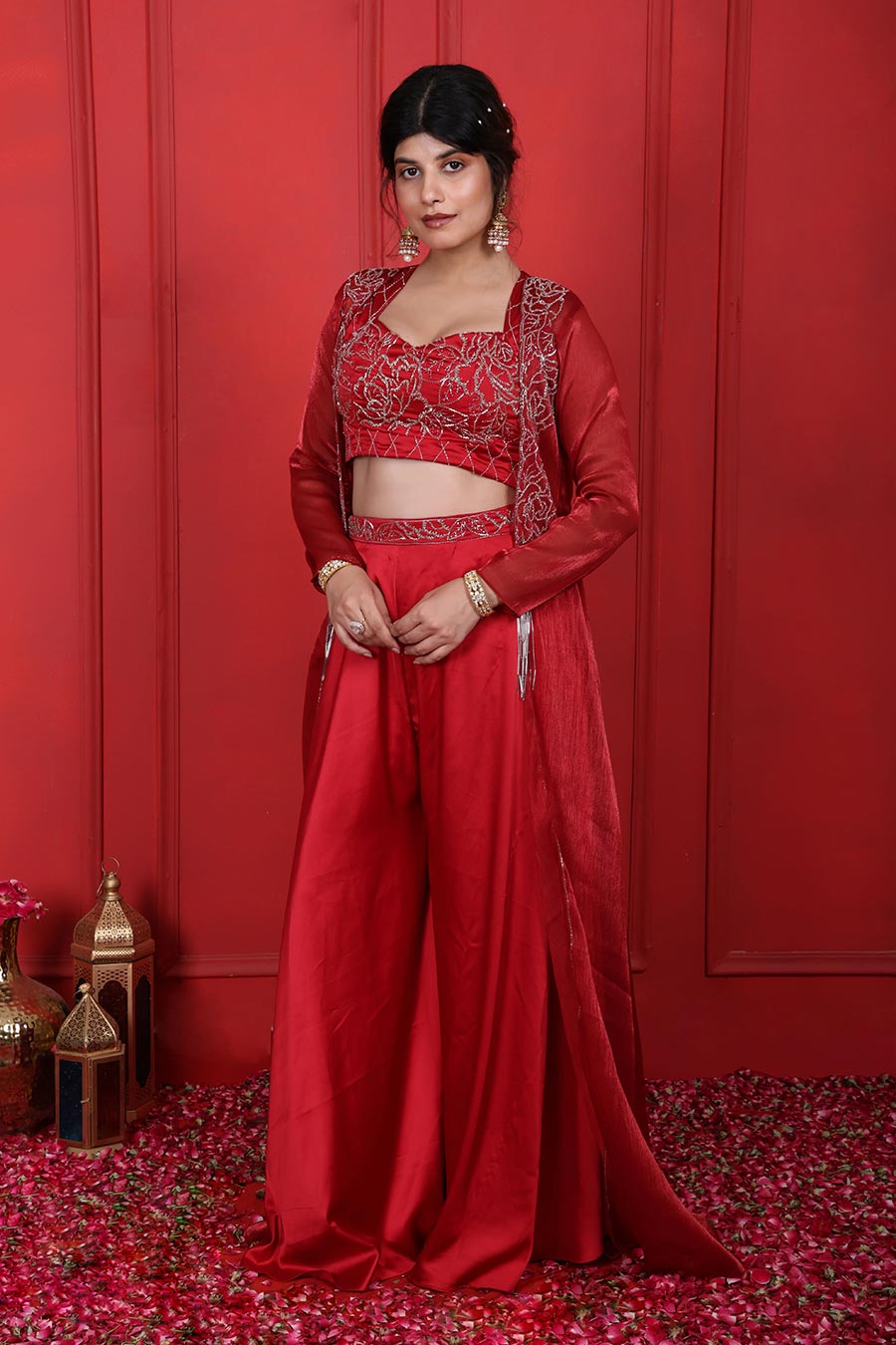 Red Embroidered Co-Ord Set With Jacket