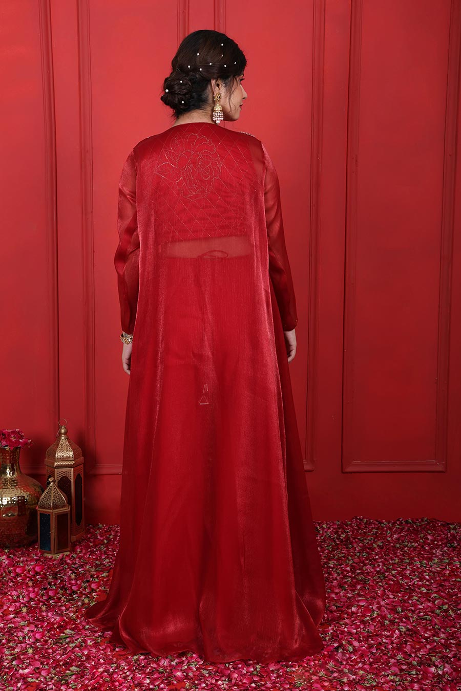Red Embroidered Co-Ord Set With Jacket