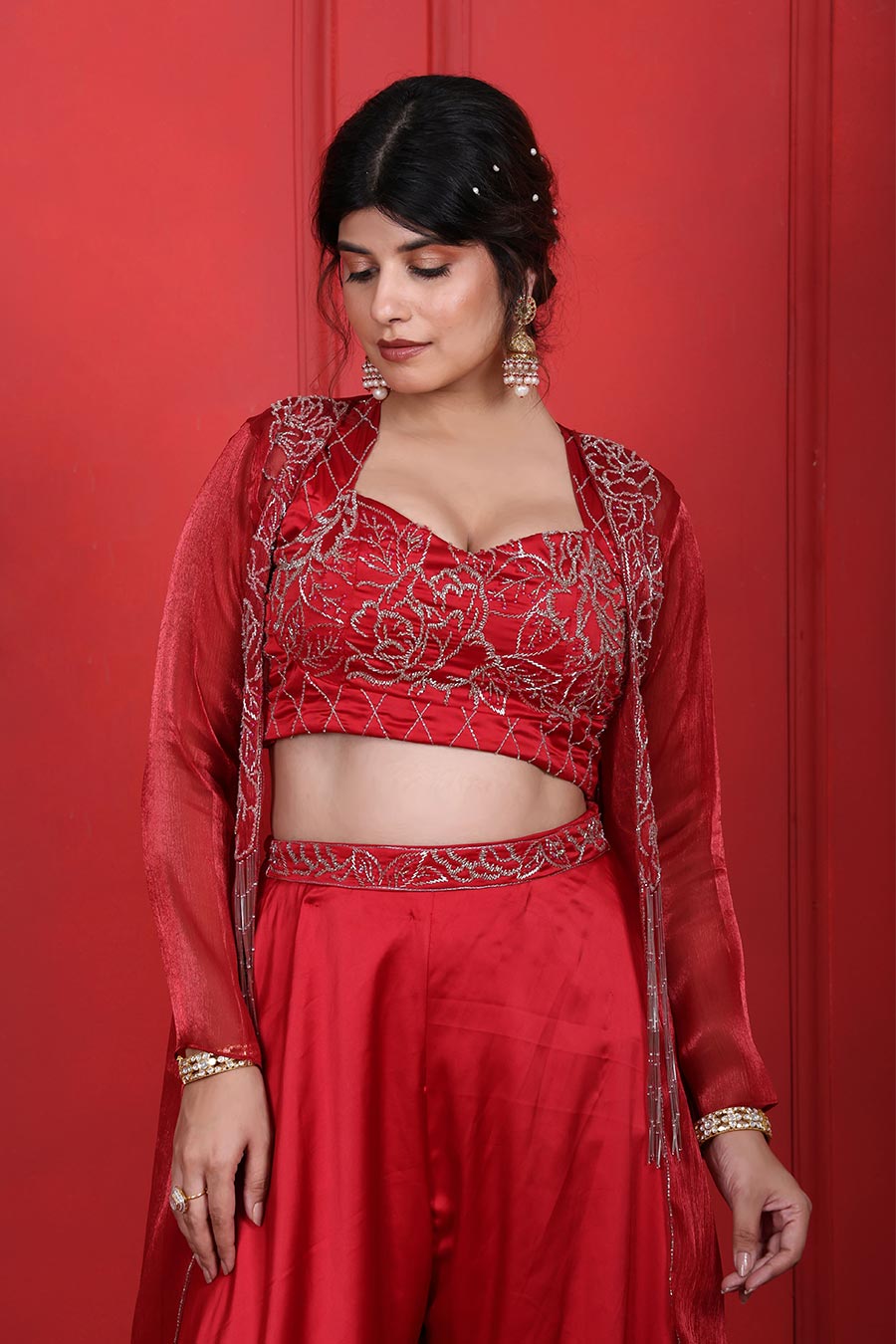 Red Embroidered Co-Ord Set With Jacket