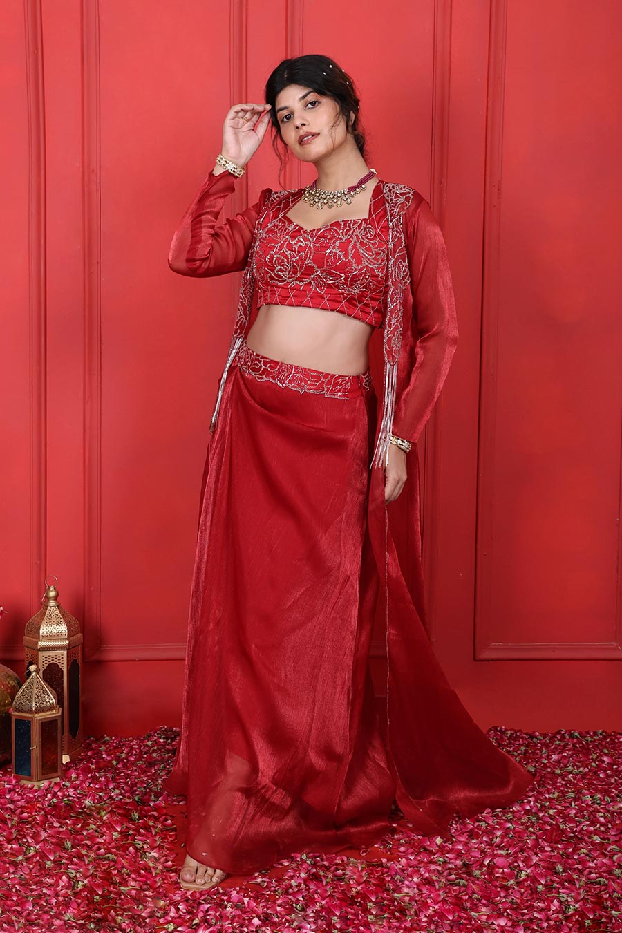 Red Embroidered Skirt Co-Ord Set With Jacket