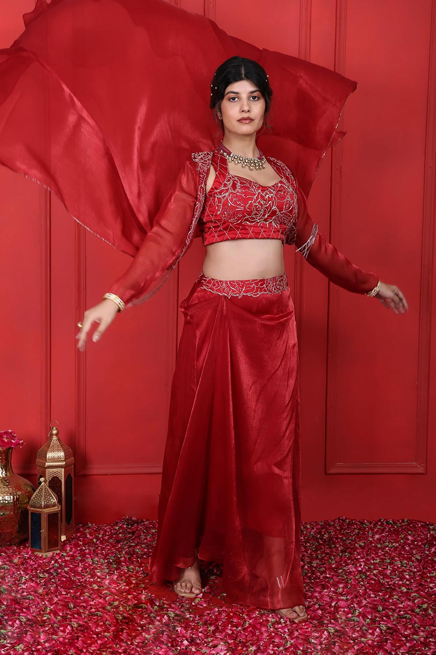 Red Embroidered Skirt Co-Ord Set With Jacket