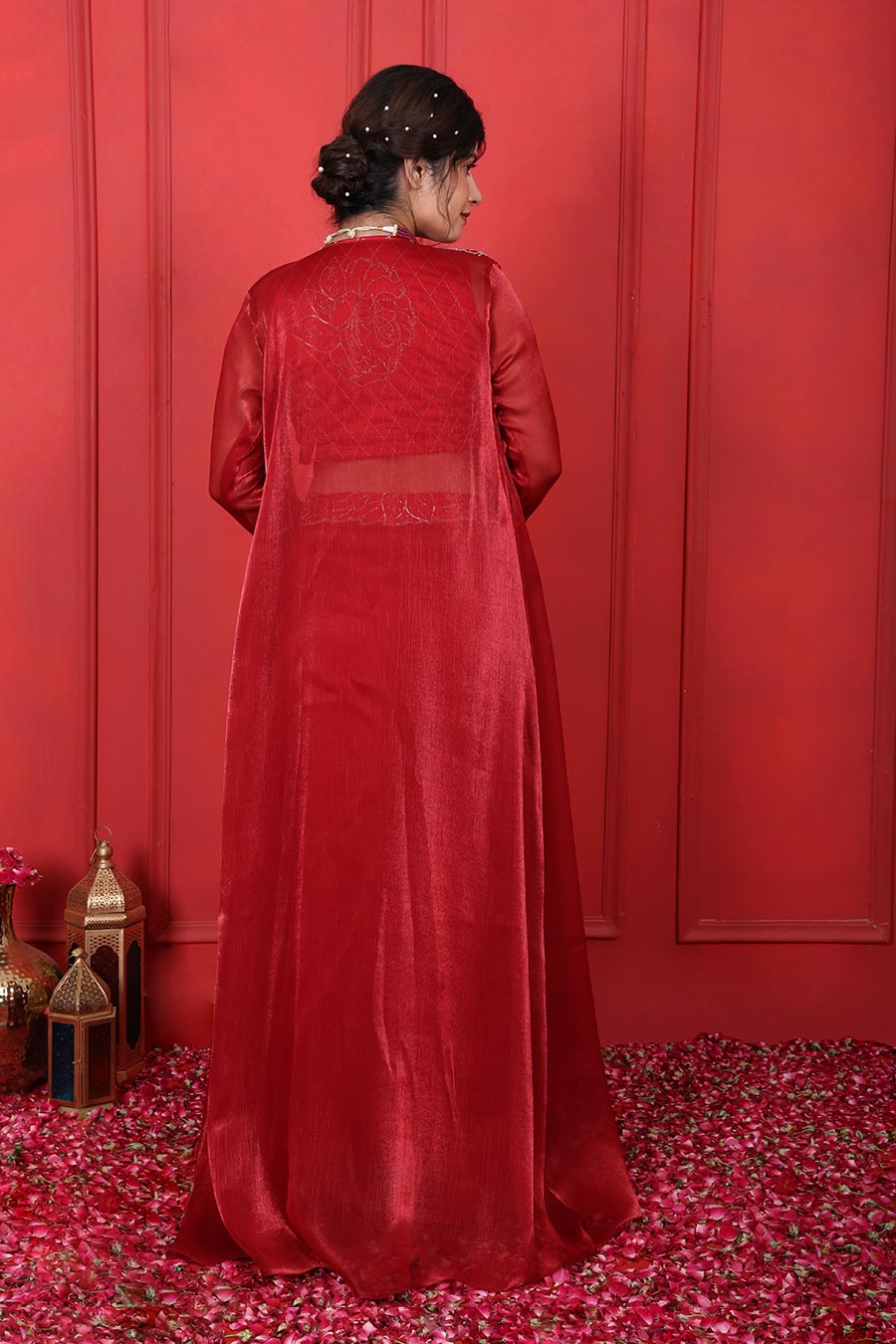 Red Embroidered Skirt Co-Ord Set With Jacket