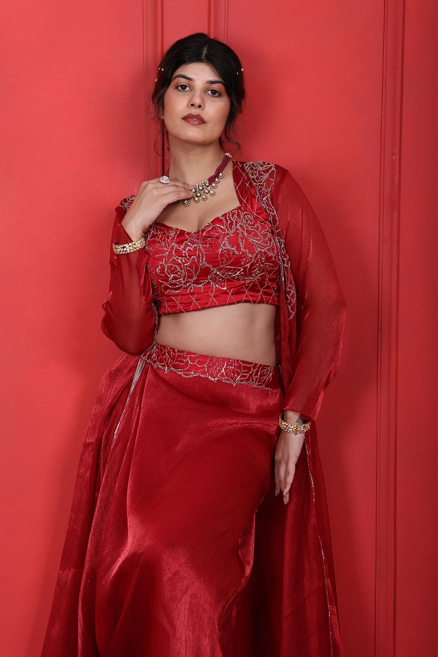 Red Embroidered Skirt Co-Ord Set With Jacket