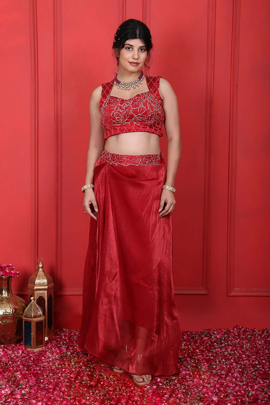 Red Embroidered Top & Drape Skirt Co-Ord Set