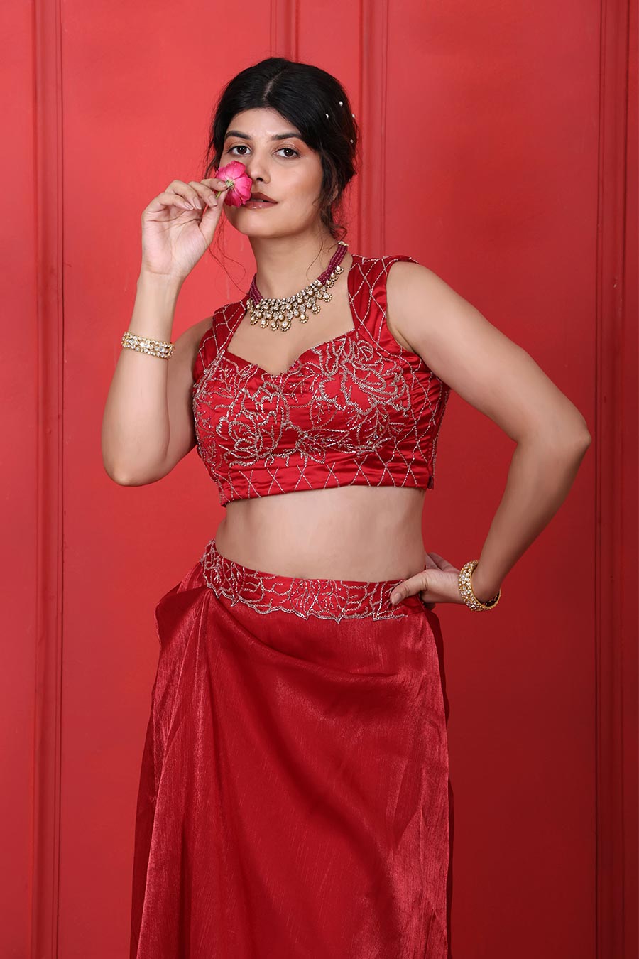 Red Embroidered Top & Drape Skirt Co-Ord Set
