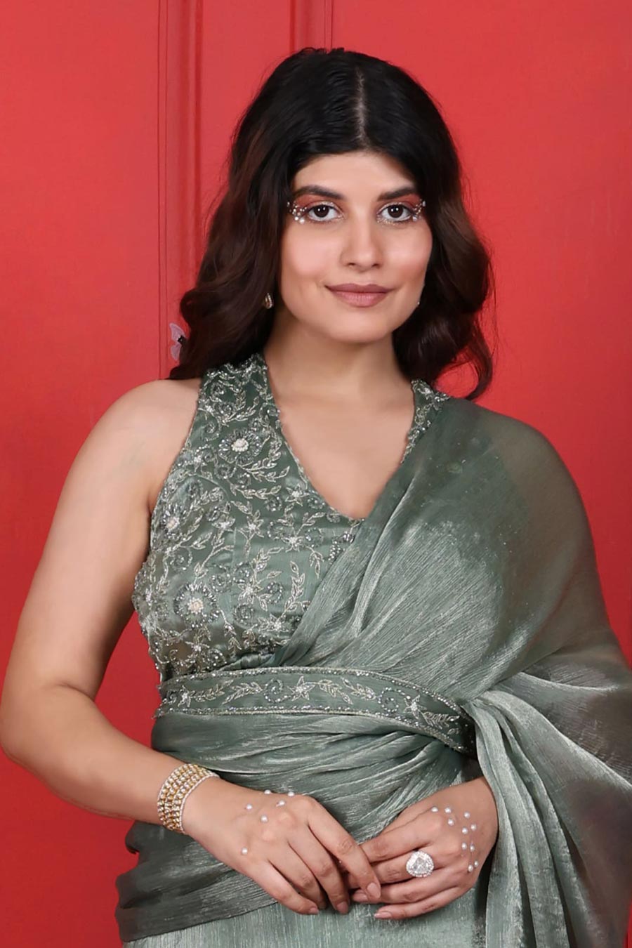 Green Tissue Embroidered Saree Dress With Belt