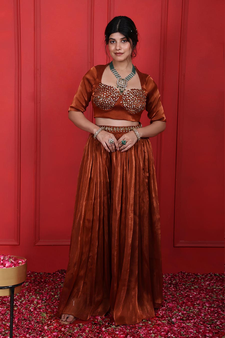 Rust Brown Embroidered Blouse & Pant Set