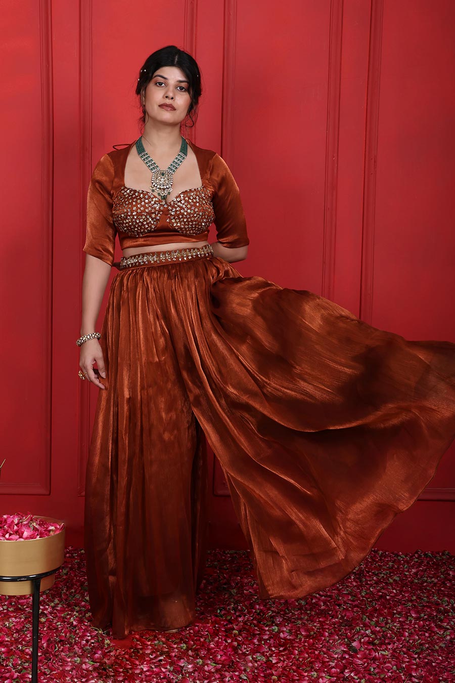 Rust Brown Embroidered Blouse & Pant Set