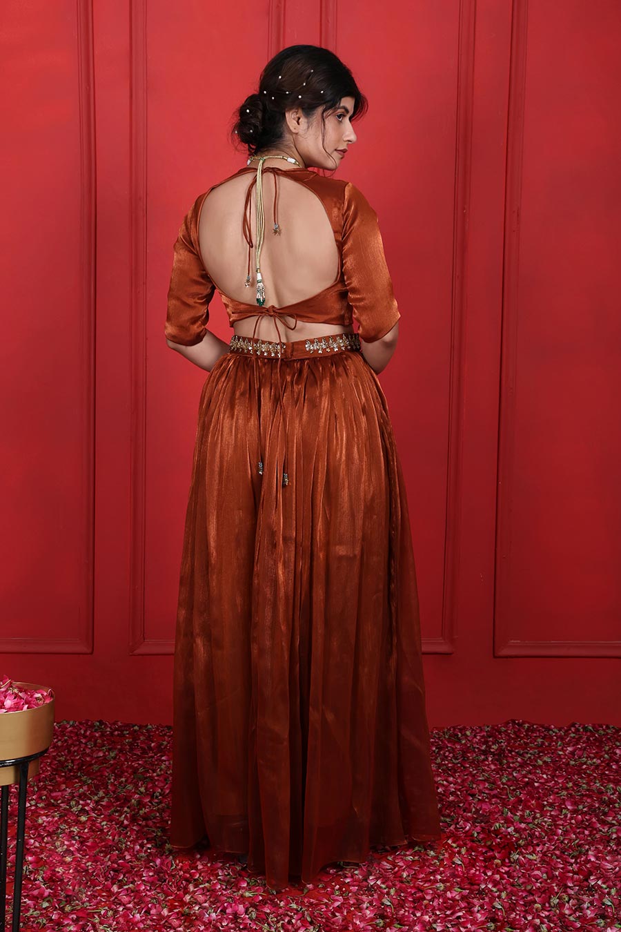 Rust Brown Embroidered Blouse & Pant Set