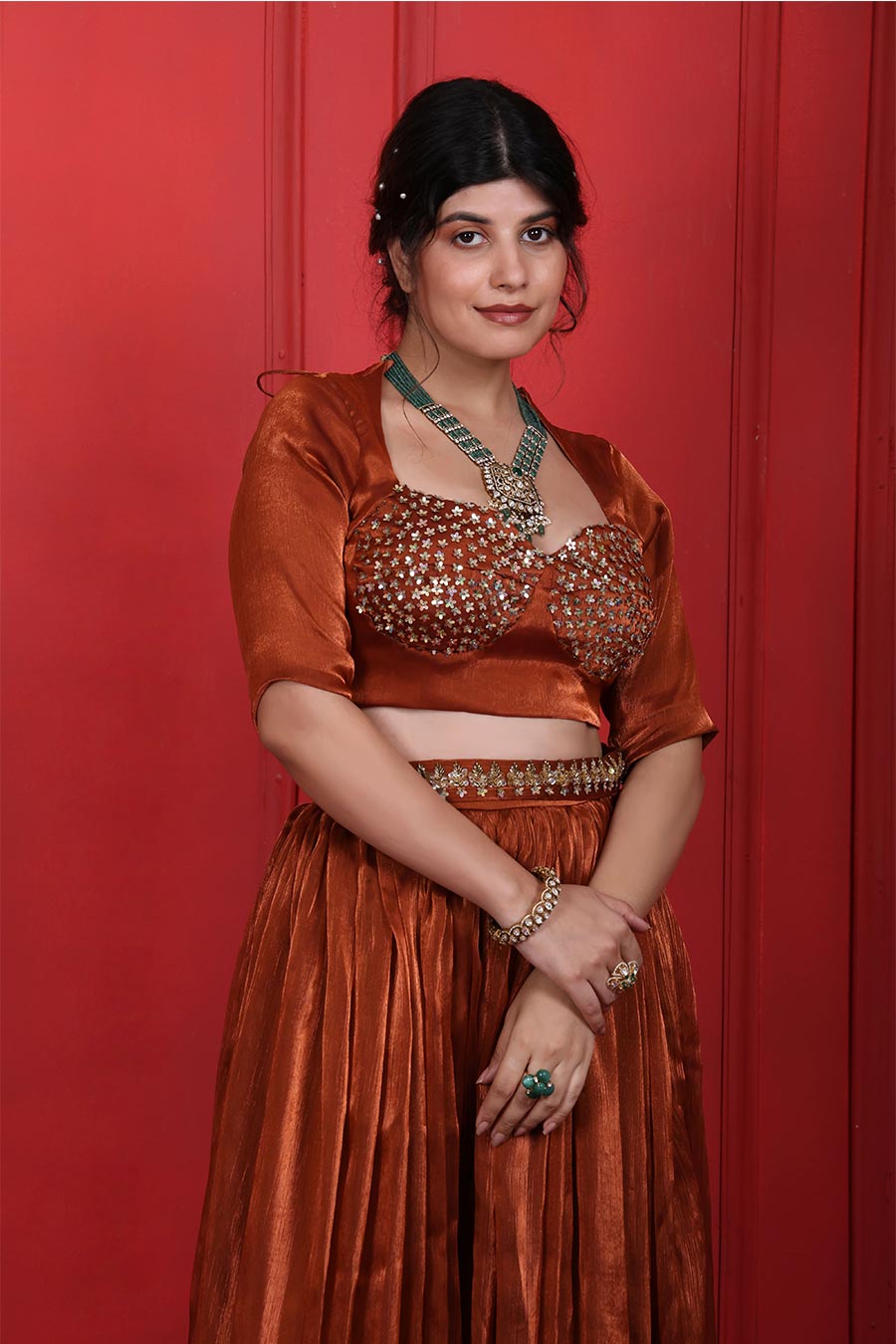 Rust Brown Embroidered Blouse & Pant Set