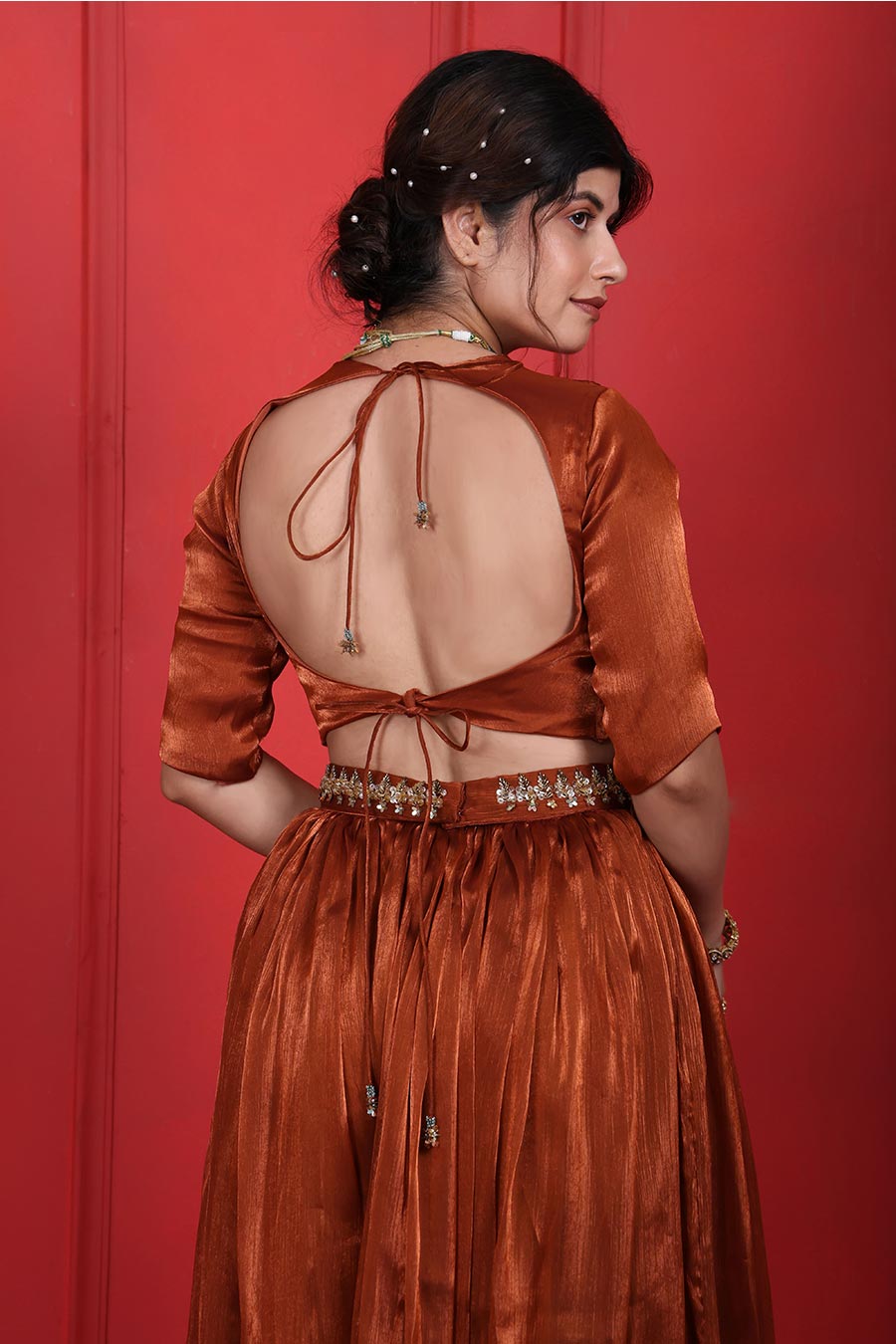 Rust Brown Embroidered Blouse & Pant Set