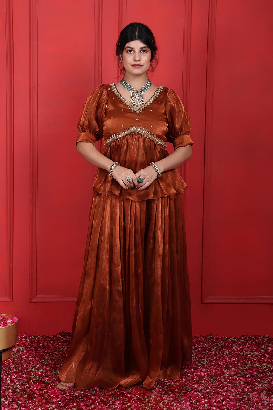 Rust Brown Embroidered Peplum Top & Pant Set