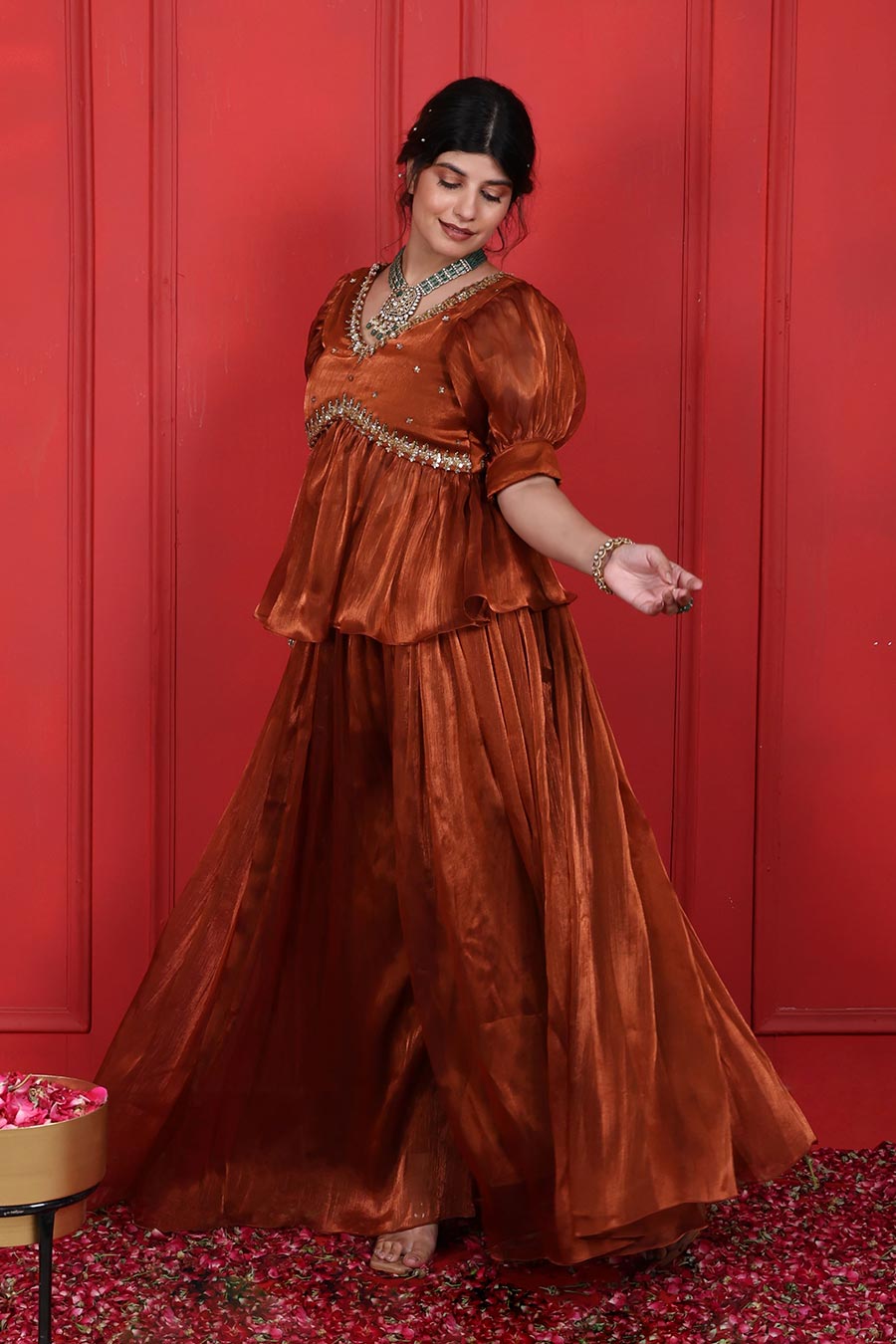 Rust Brown Embroidered Peplum Top & Pant Set