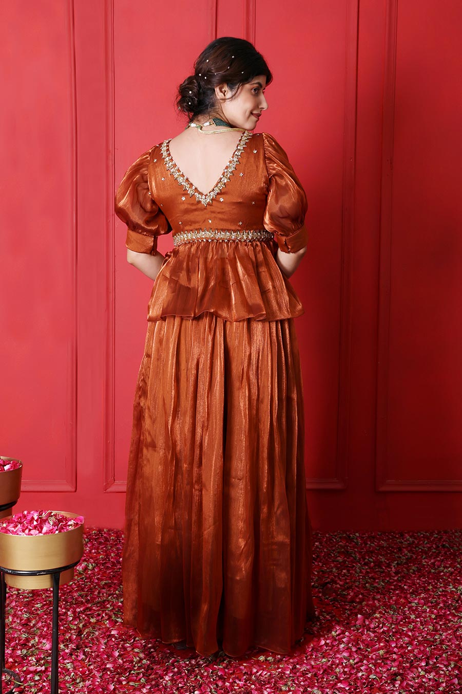 Rust Brown Embroidered Peplum Top & Pant Set