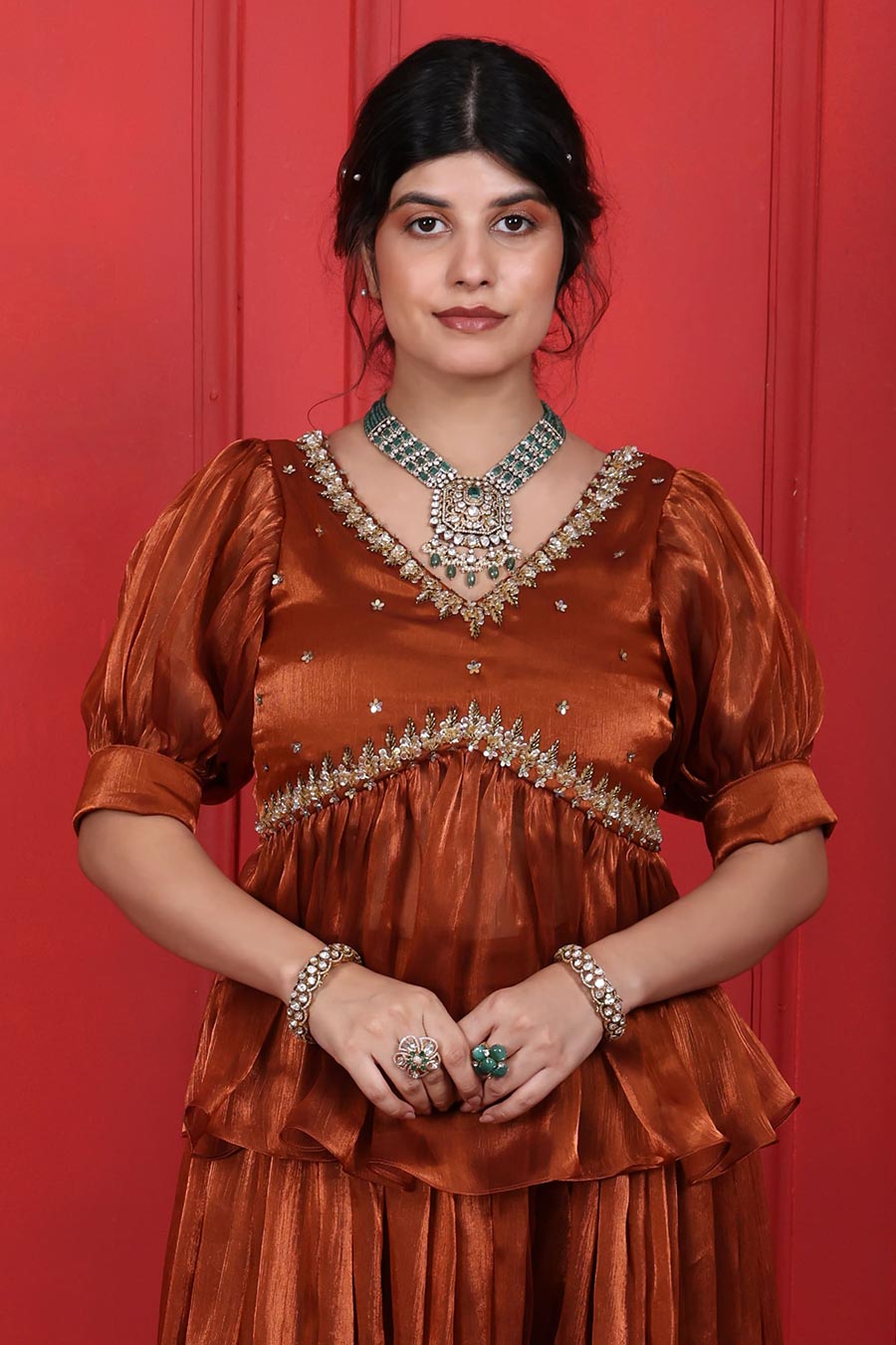 Rust Brown Embroidered Peplum Top & Pant Set