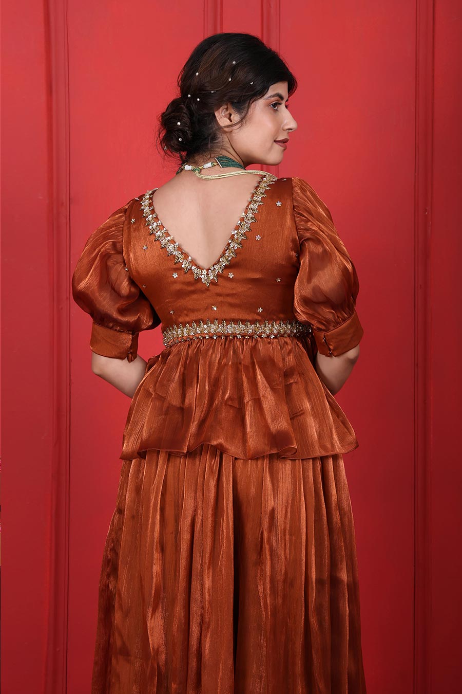 Rust Brown Embroidered Peplum Top & Pant Set