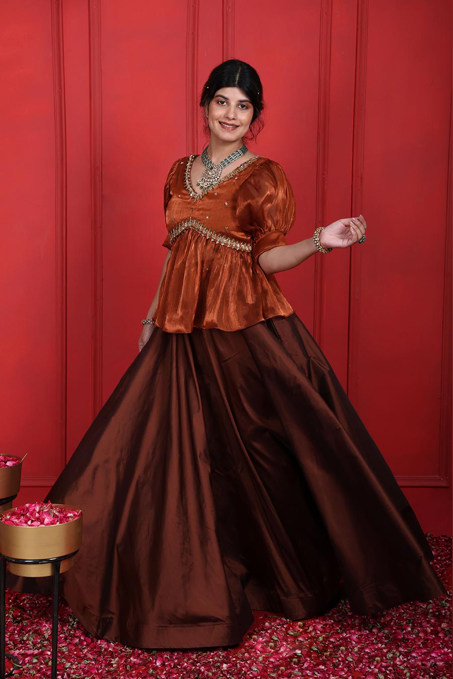 Rust & Derby Brown Peplum Peplum Top & Skirt Set