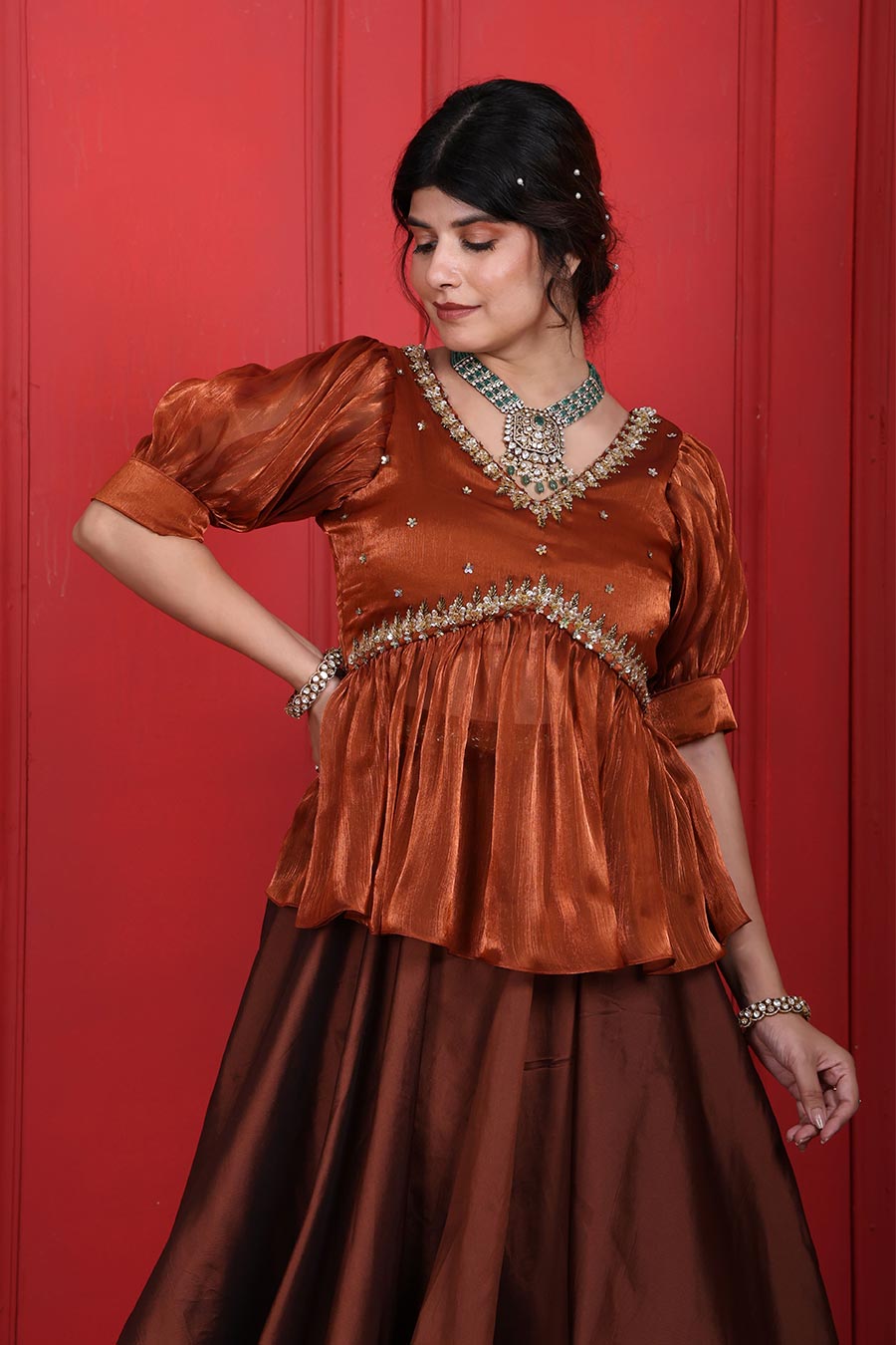 Rust & Derby Brown Peplum Peplum Top & Skirt Set