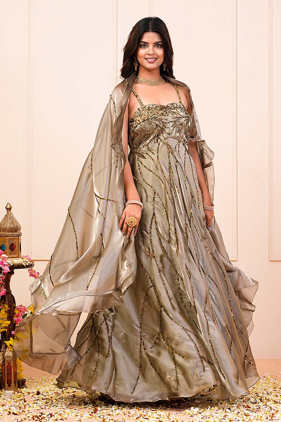 Laurel Green Organza Embroidered Anarkali Gown Set