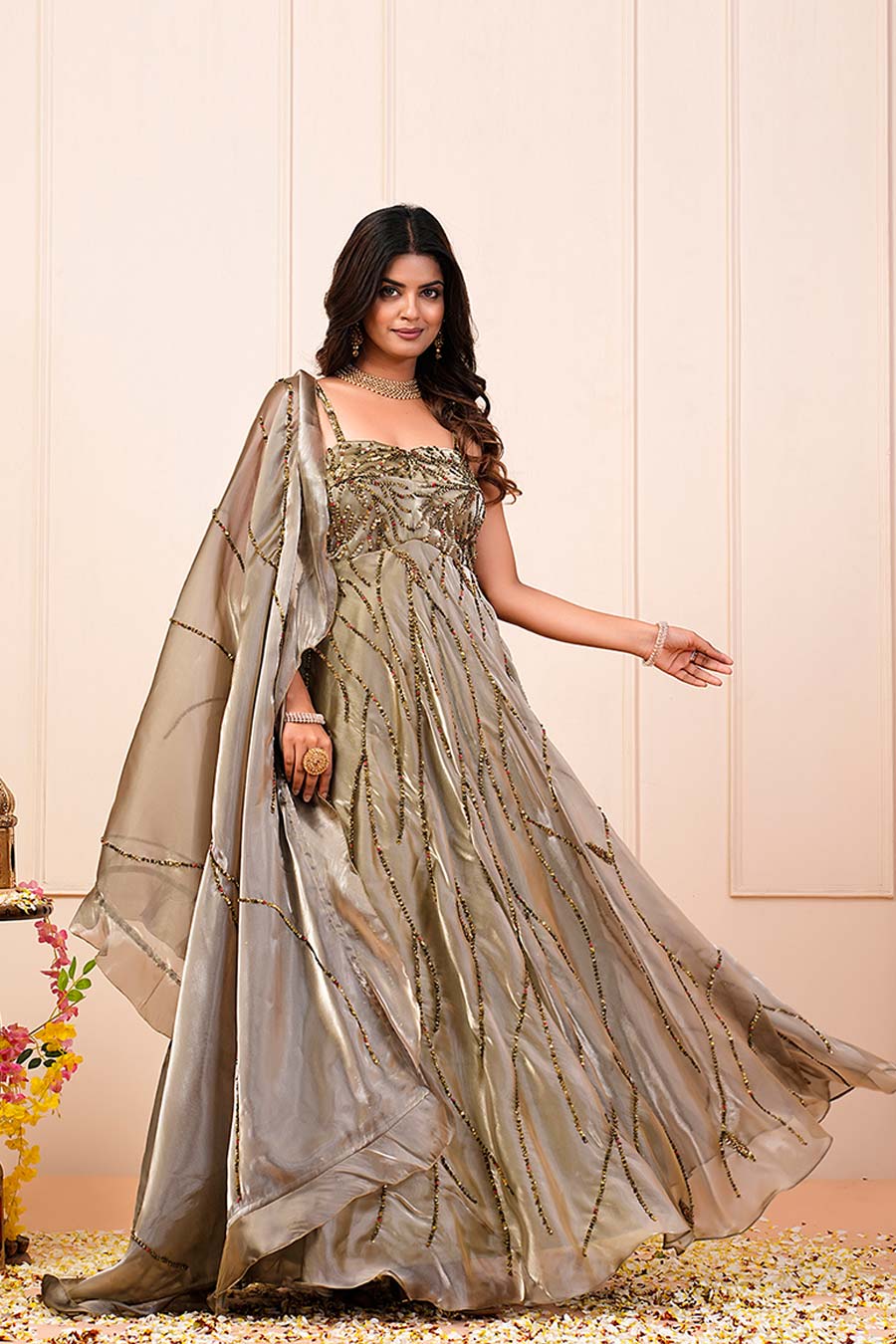 Laurel Green Organza Embroidered Anarkali Gown Set