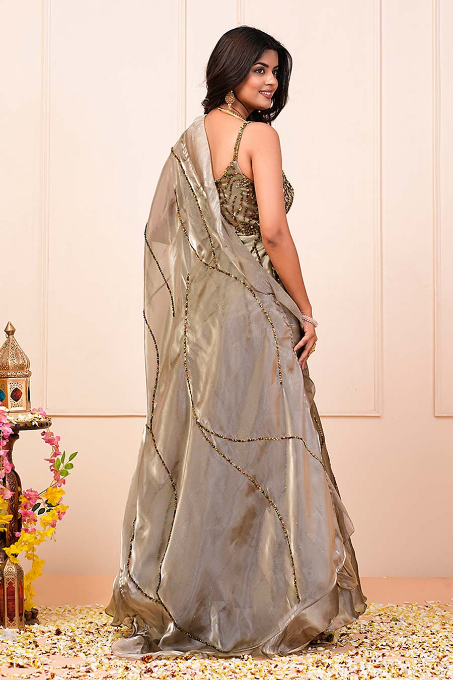 Laurel Green Organza Embroidered Anarkali Gown Set