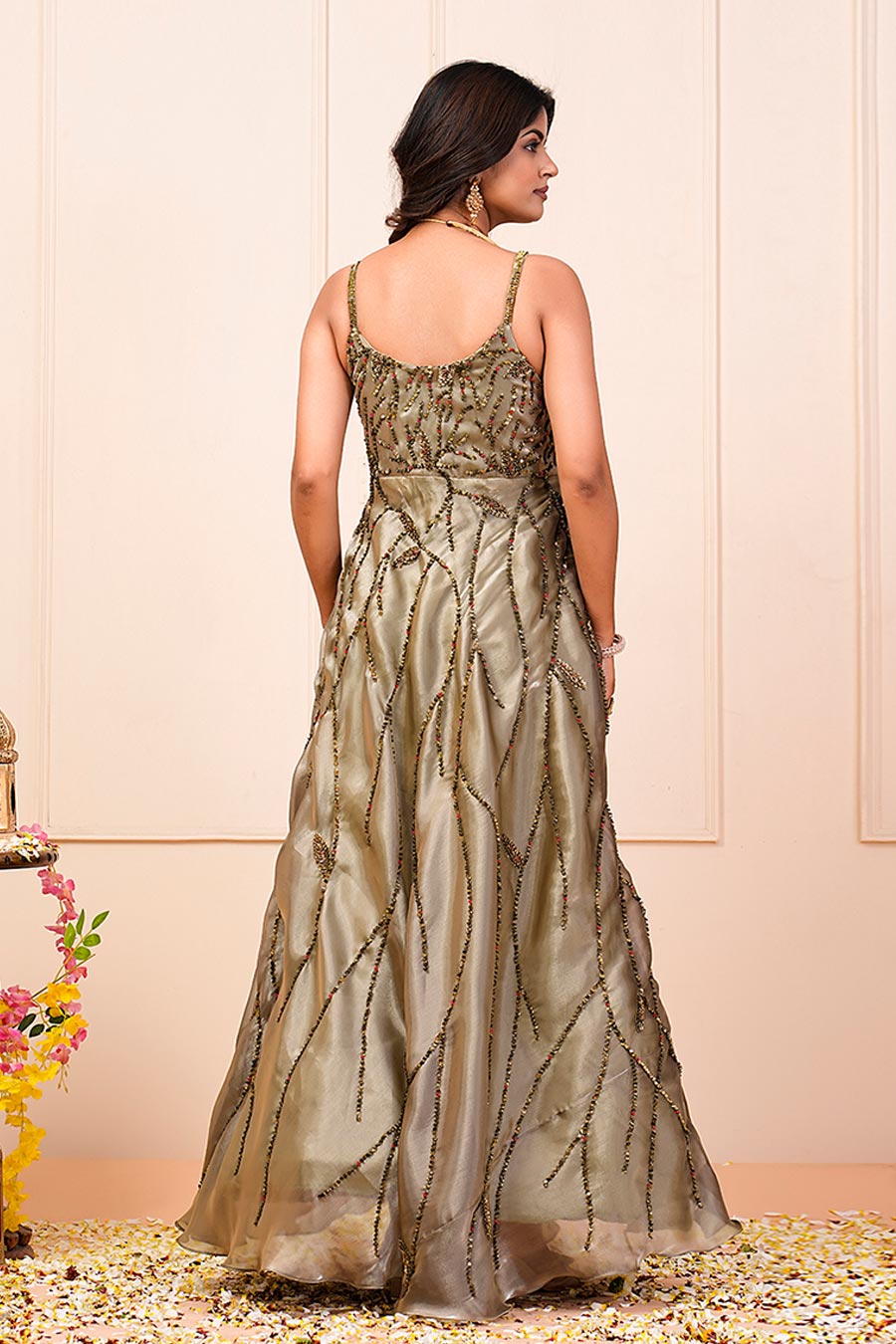 Laurel Green Organza Embroidered Anarkali Gown Set