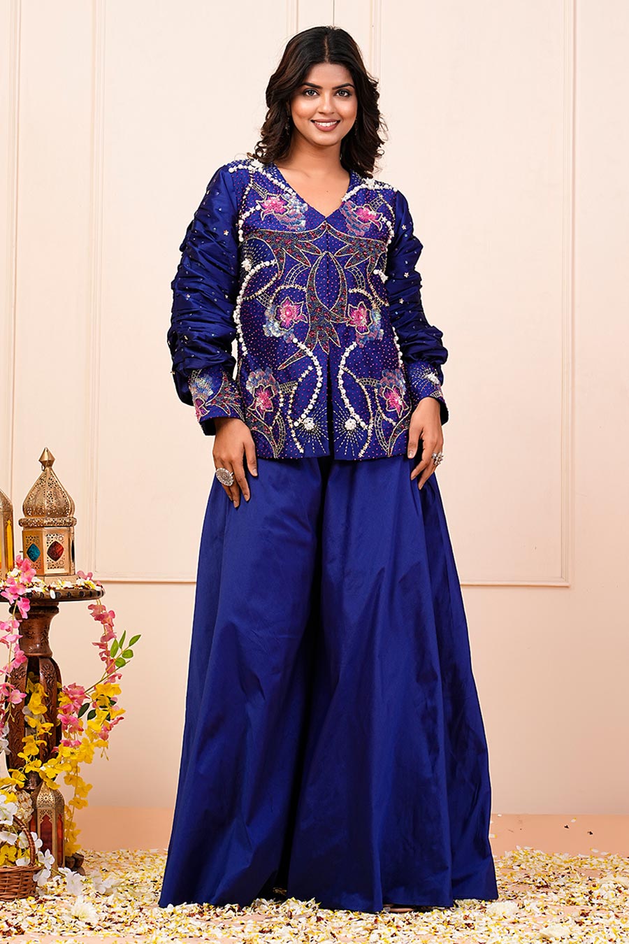 Royal Blue Embroidered Jacket Kurta & Palazzo Set