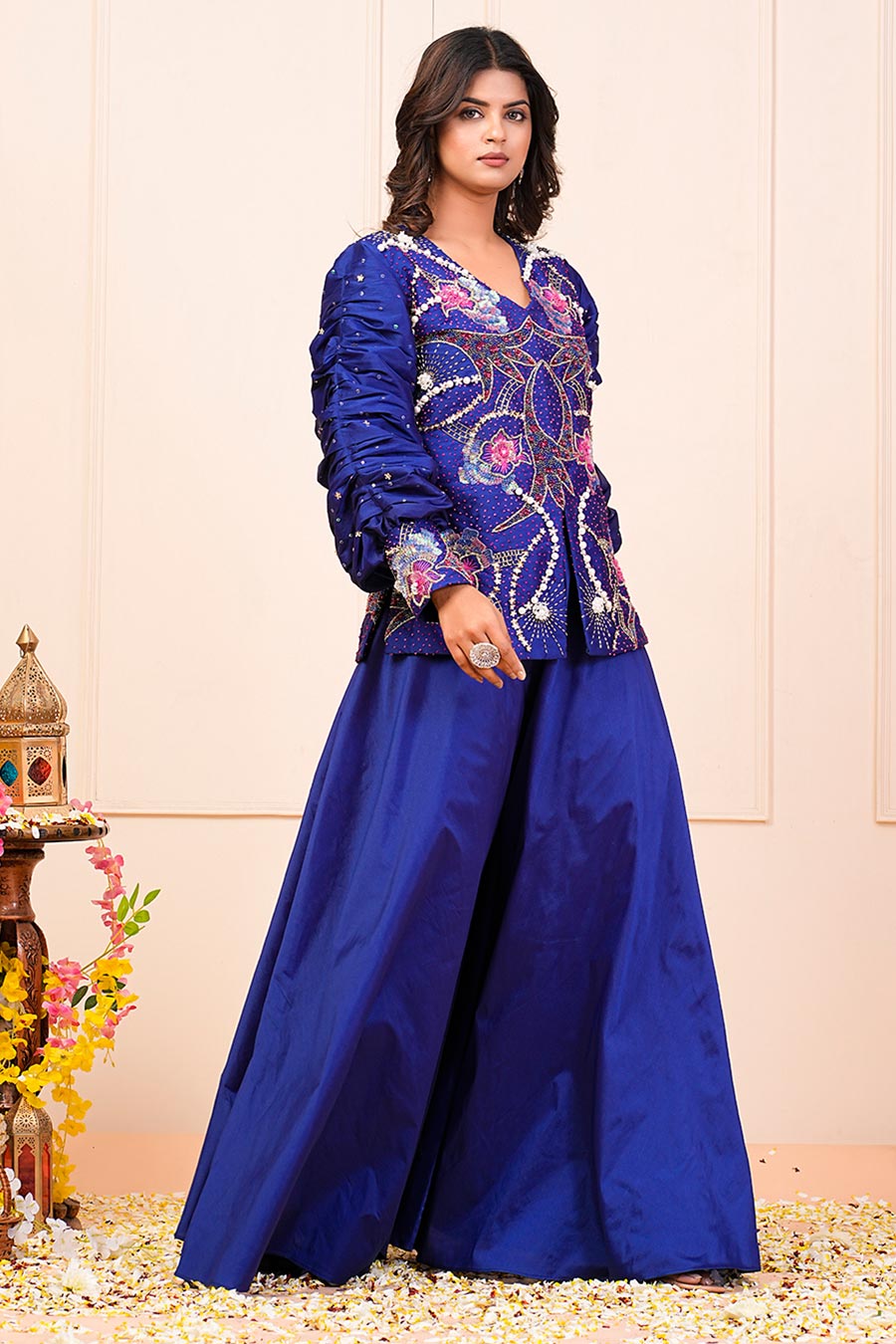 Royal Blue Embroidered Jacket Kurta & Palazzo Set