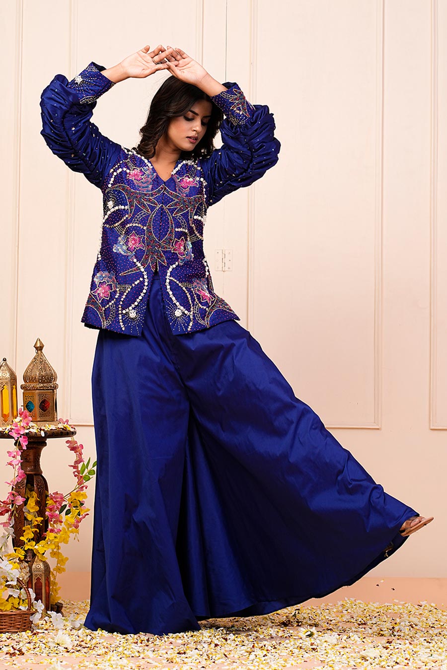 Royal Blue Embroidered Jacket Kurta & Palazzo Set