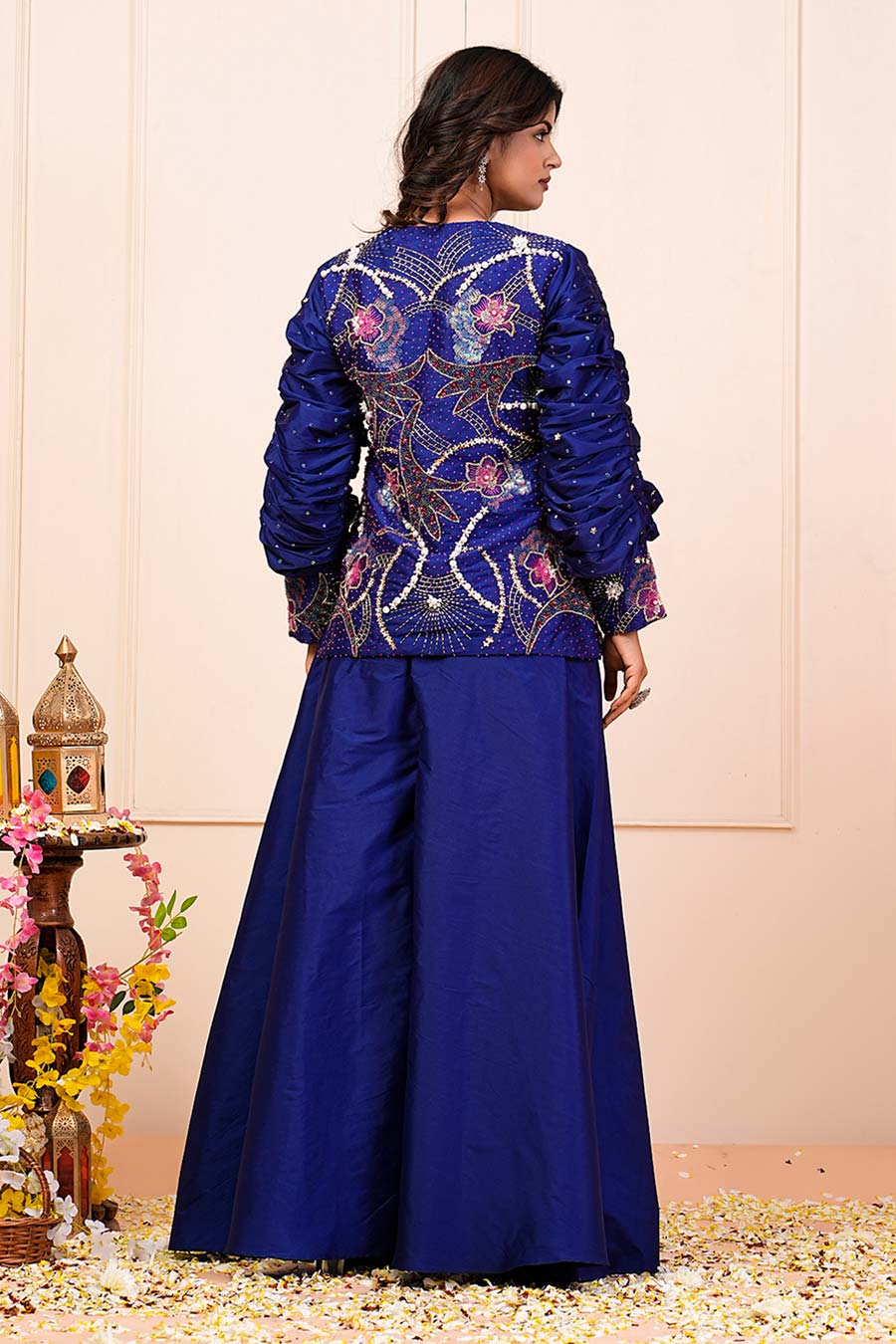 Royal Blue Embroidered Jacket Kurta & Palazzo Set