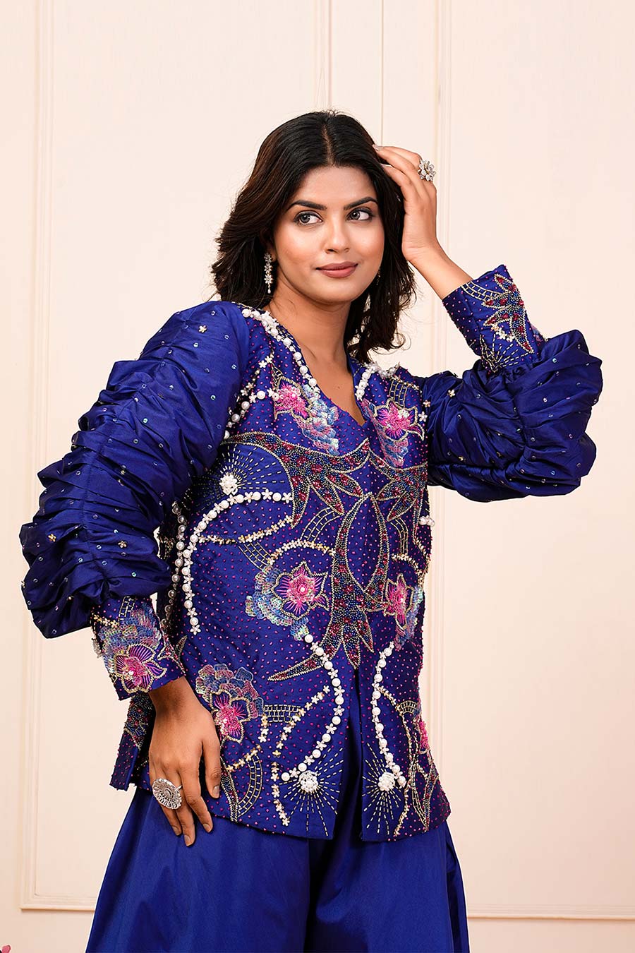 Royal Blue Embroidered Jacket Kurta & Palazzo Set