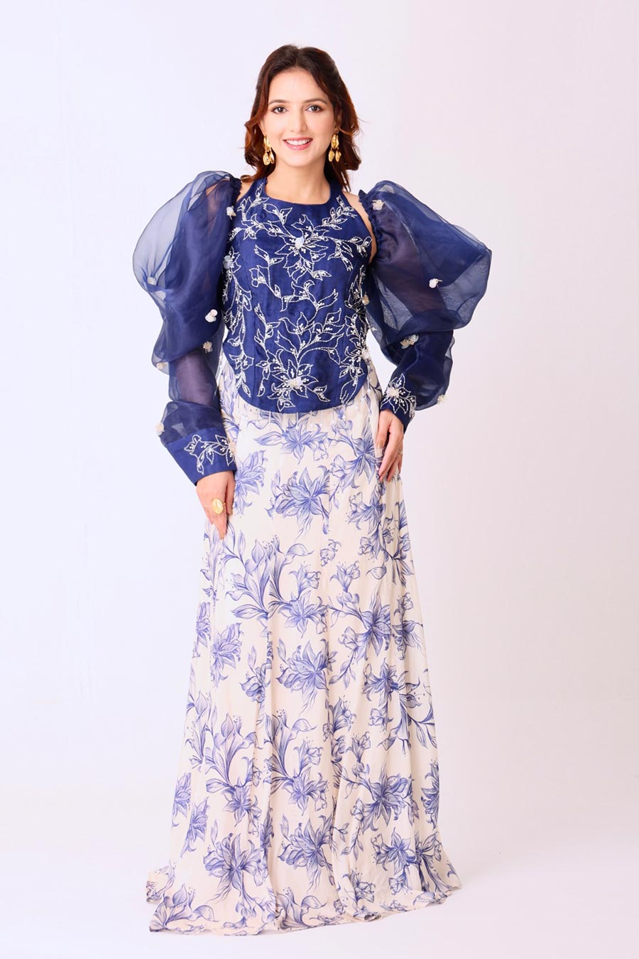 Navy Embroidered Top & Ivory Skirt With Removable Sleeves
