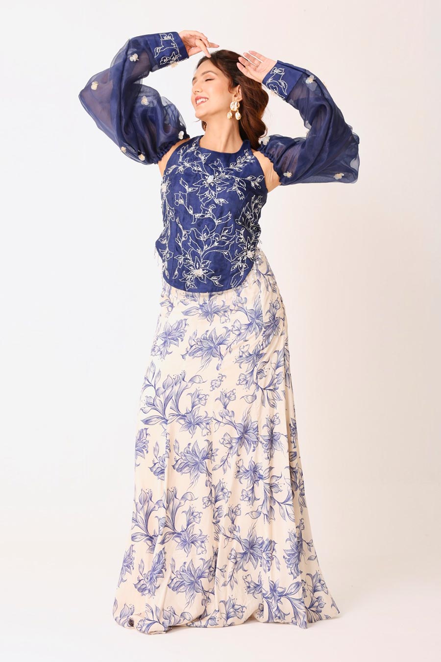 Navy Embroidered Top & Ivory Skirt With Removable Sleeves