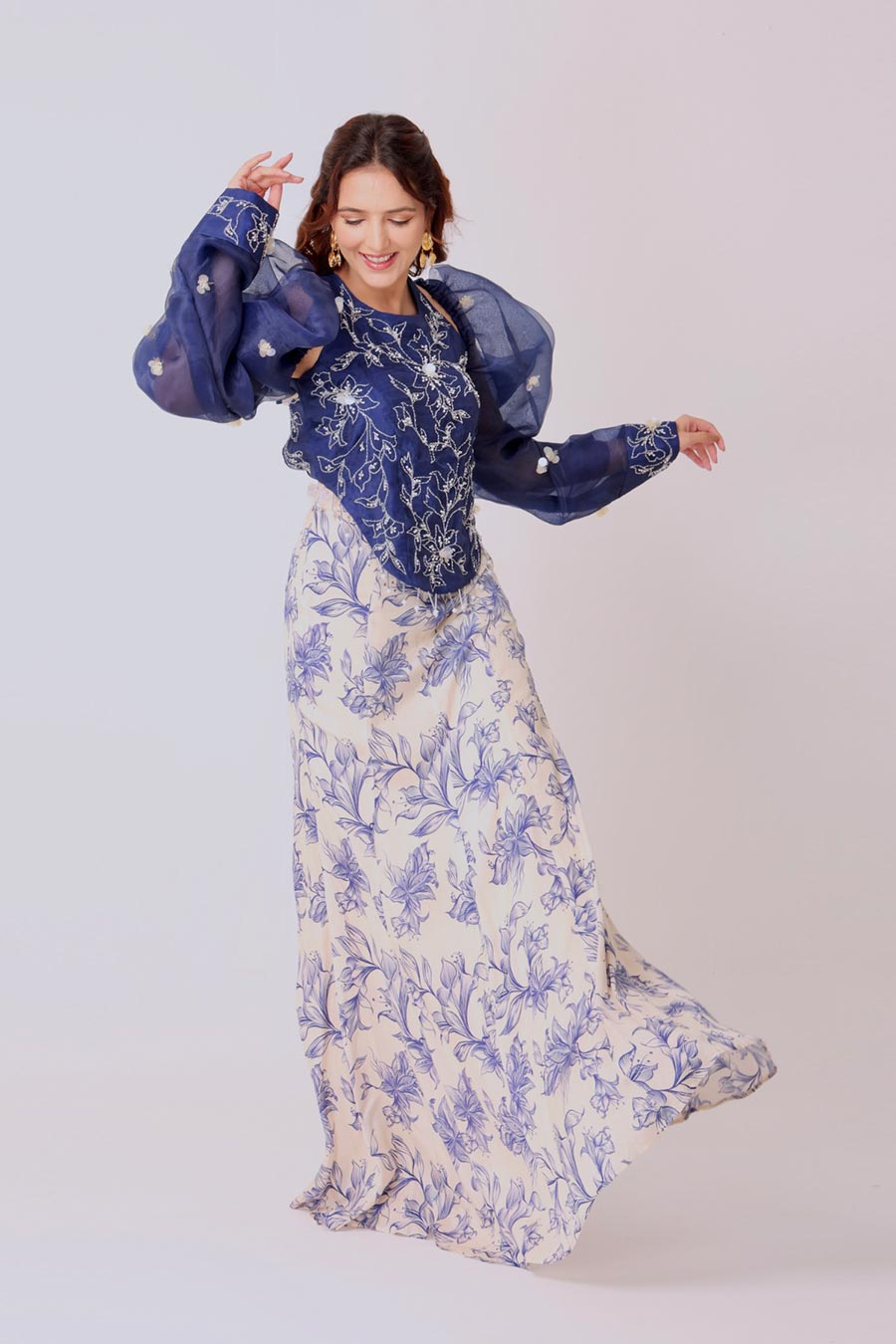 Navy Embroidered Top & Ivory Skirt With Removable Sleeves
