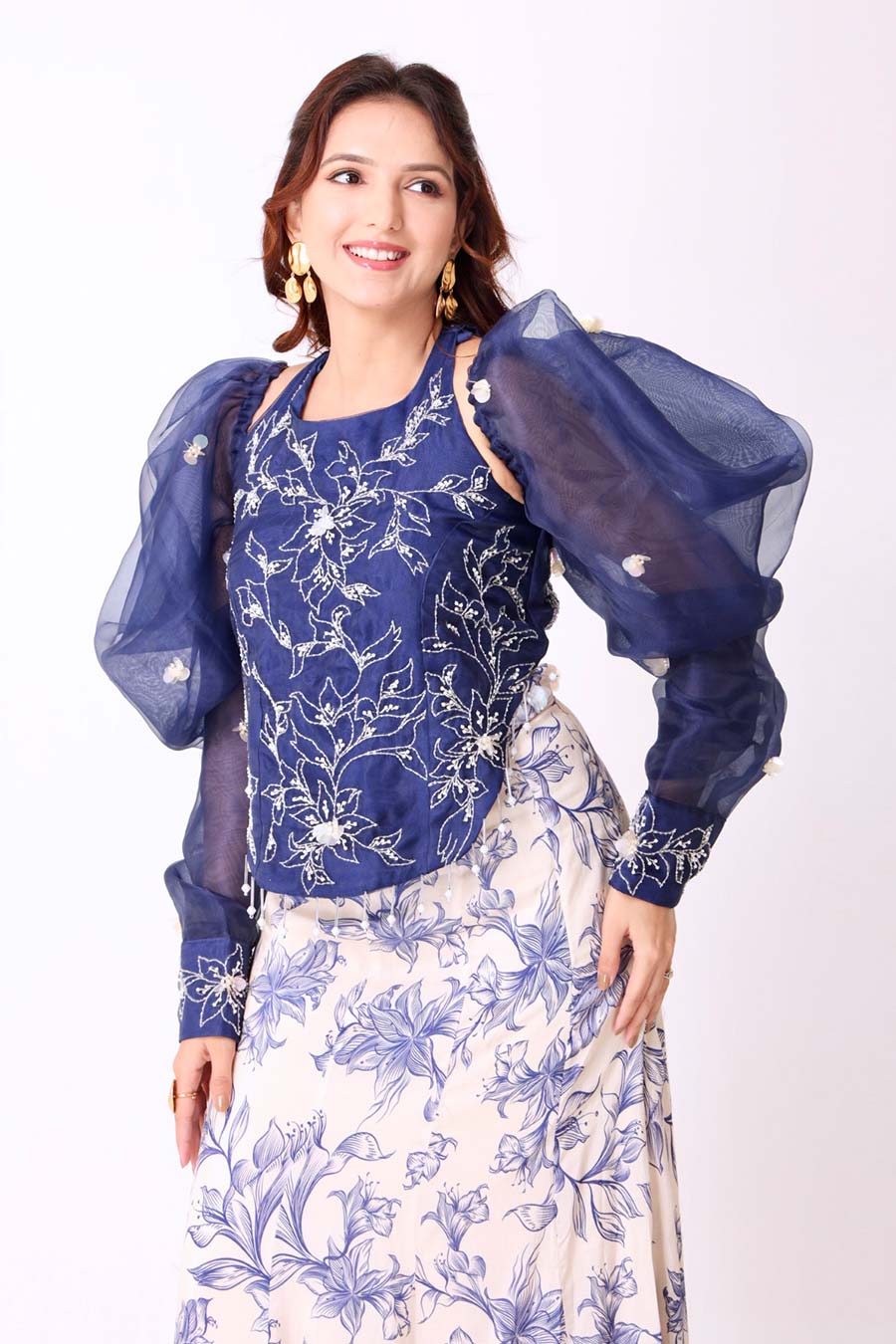 Navy Embroidered Top & Ivory Skirt With Removable Sleeves