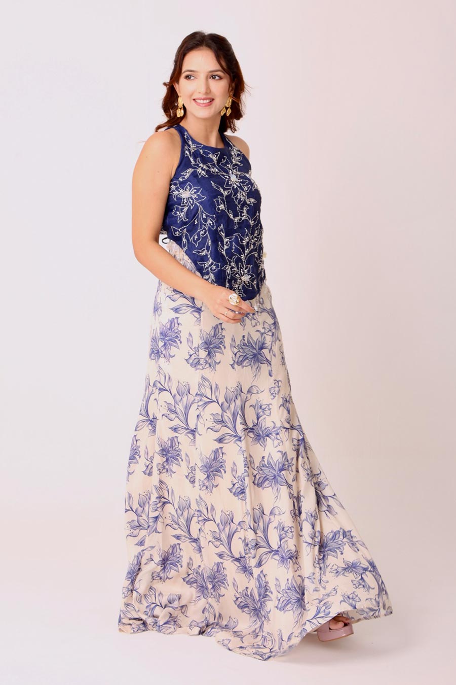 Navy Embroidered Top With Ivory Floral Skirt